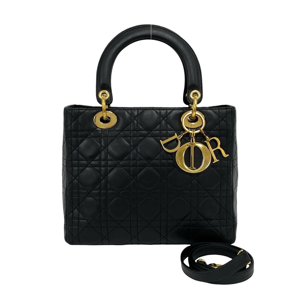 Christian Dior Vintage Lady Lambskin 2-way Shoulder Bag/Handbag Black 15440